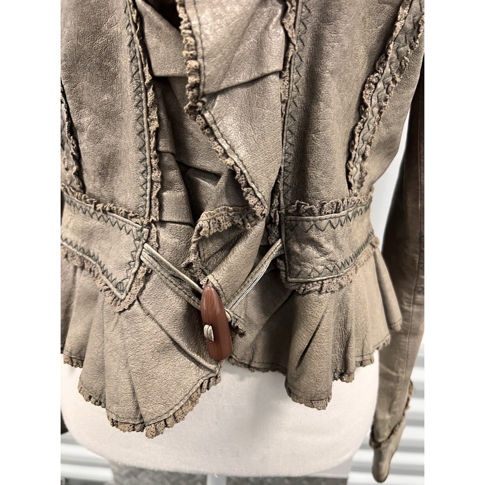 Vintage Y2K Moda International Grey Brown Genuine Leather Ruffle Jacket - Picture 13 of 16